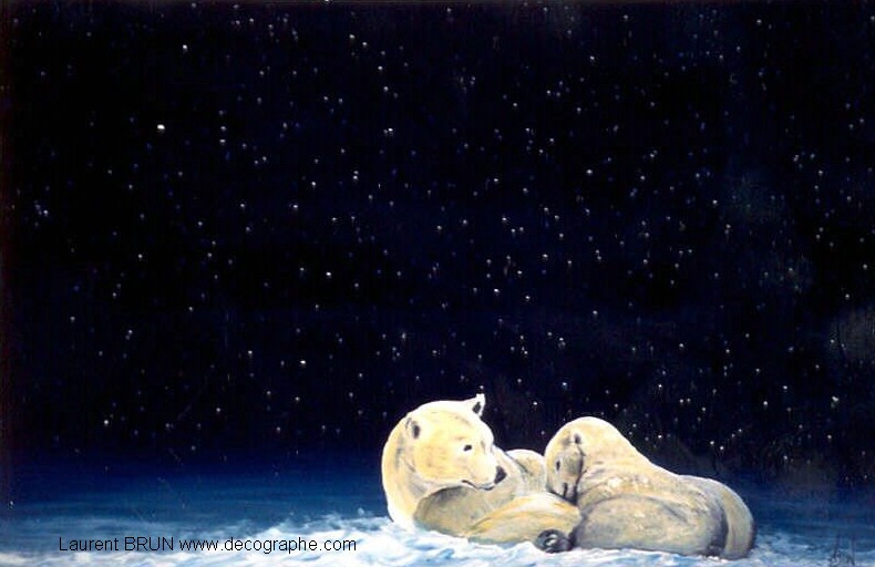 peinture à l'huile d'une ourse polaire et son petit