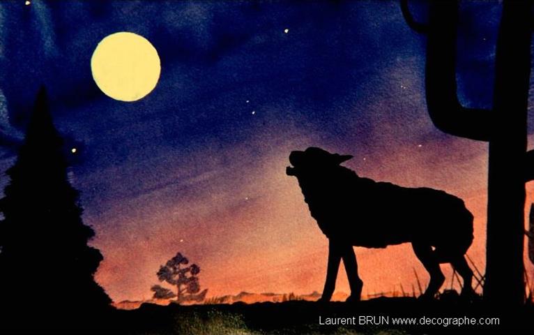 peinture animalière hurlement de loup à la lune