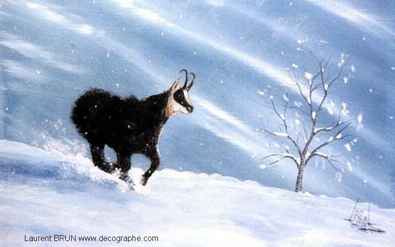 peinture d'un chamois courant dans la neige