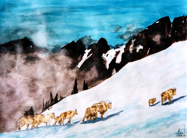 peinture murale d'un troupeau de chèvres des rocheuses