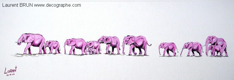 peinture d'un troupeau éléphants roses