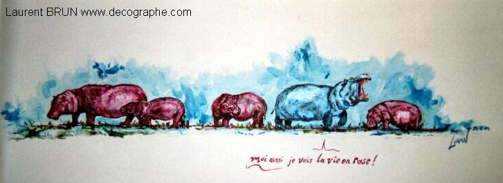 peinture d'un troupeau d'hippopotames