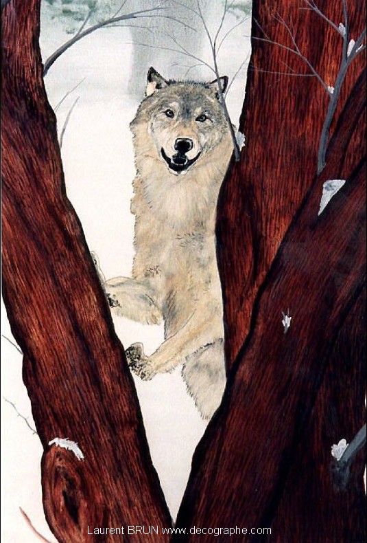 portrait en peinture d'un loup de face