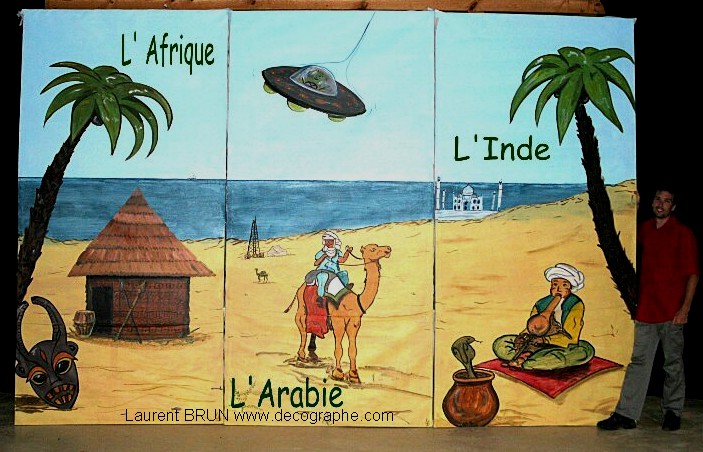 peinture d'un décor sur l'afrique, l'arabie et l'inde